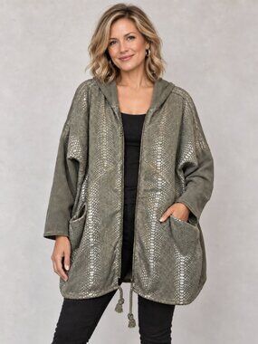 Gigi Moda Hooded Jacket Olive Metallic Snakeskin Lagenlook Made in Italy XL